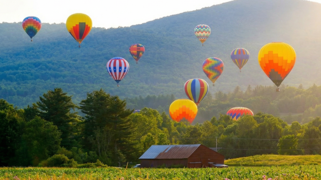 Image of Stowe, Vermont during the annual Stowe Balloon Festival in June. (Photo By Jesse Schloff Photography) 